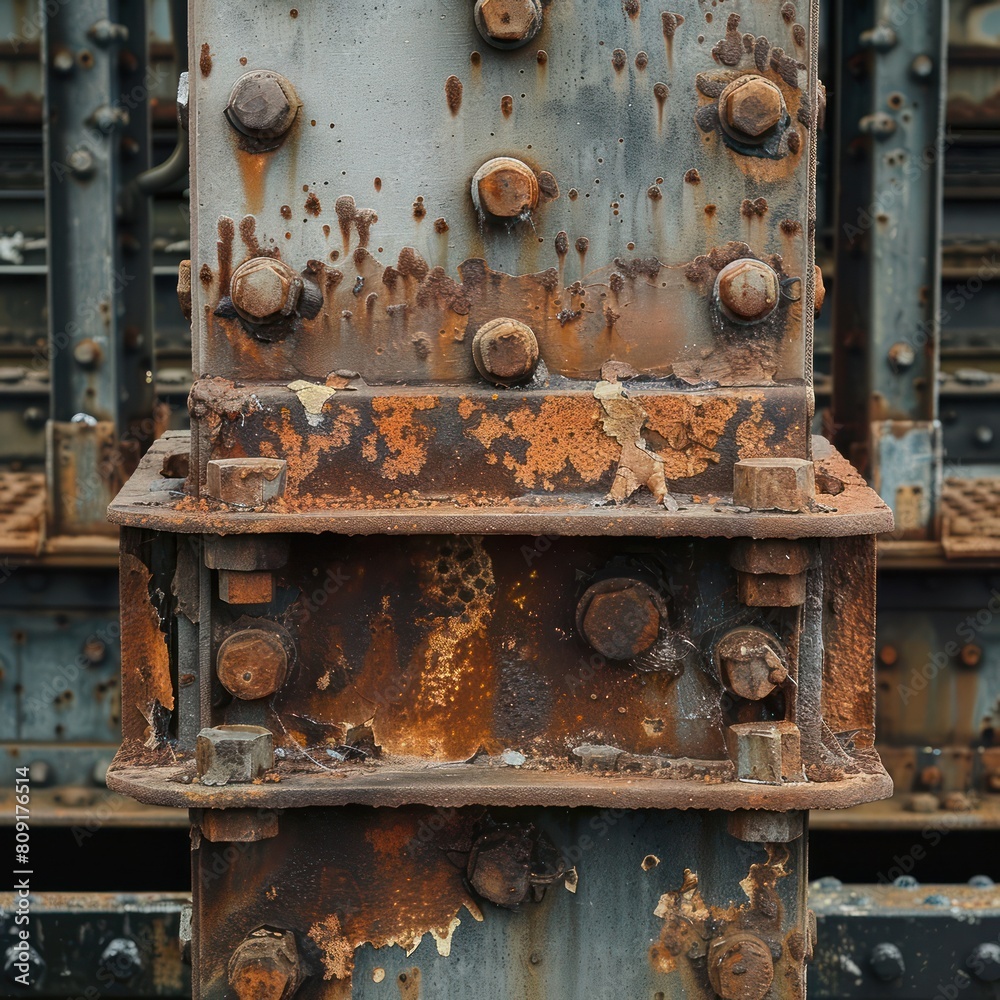 A close up of a rusty metal beam with bolts and rivets.