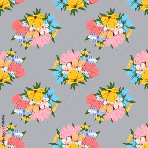 Botanical seamless pattern hand drawn bright bouquets of colorful flowers on a gray background