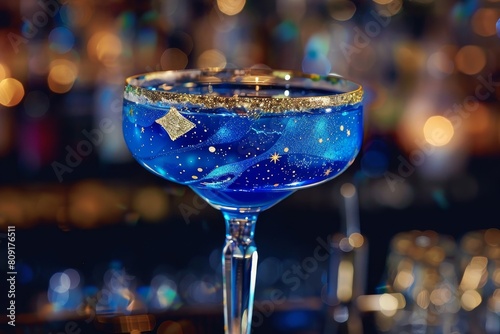 Detailed view of a blue celestial-themed drink in a glass with unique constellations, A celestial-themed cocktail with constellations and cosmic patterns