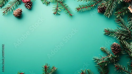 festive holiday background with pine branches and pine cones