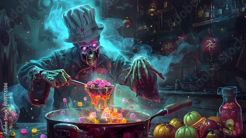 zombie chef cooking up a stew of candy body parts