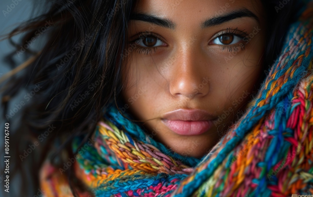 A close-up shot of a person wrapping a colorful scarf around their neck. The scarf is vibrant and adds a pop of color to the outfit A close-up shot of a person wrapping a colorful scarf around their neck. The scarf is vibrant and adds a pop of color to the outfit
