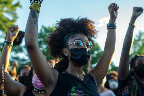Black Woman Hold Fist in the Air During a Peaceful Protest Juneteenth Rally. Black independence day.  photo