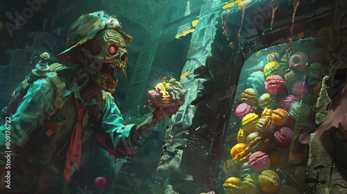 zombie explorer uncovering a tomb filled sweets photo