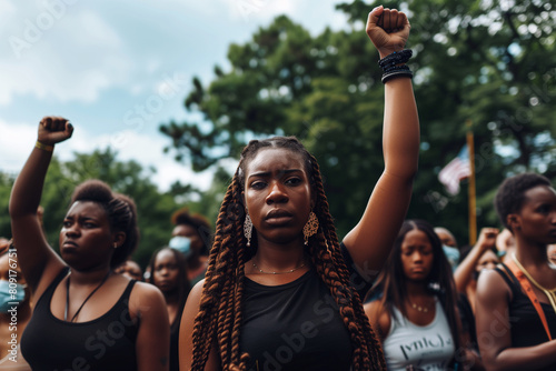 Black Woman Hold Fist in the Air During a Peaceful Protest Juneteenth Rally. Black independence day.  photo
