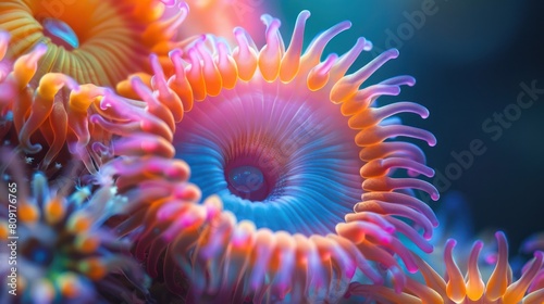 A close up of a sea anemone with bright tentacles.
