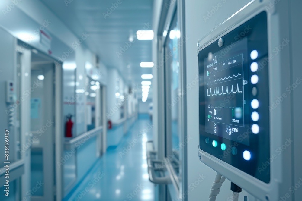 Hospital Hallway With Wall Monitor, A central control panel for medical staff to monitor and adjust room conditions with ease Hospital Hallway With Wall Monitor, A central control panel for medical staff to monitor and adjust room conditions with ease