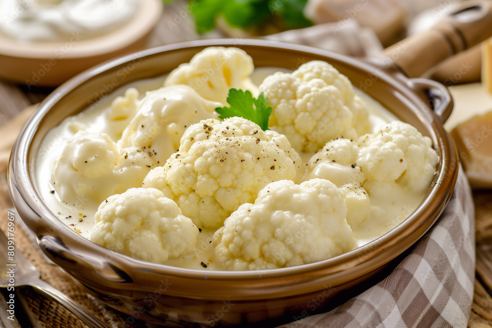 Casserole with cauliflower, eggs and cheese in a ceramic pot. Cauliflower gratin. Casserole with cauliflower, eggs and cheese in a ceramic pot. Cauliflower gratin.