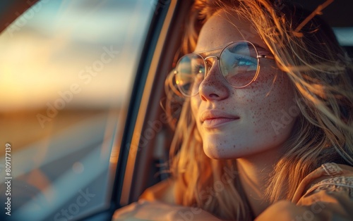 A woman with glasses seated inside a car, looking out of the window