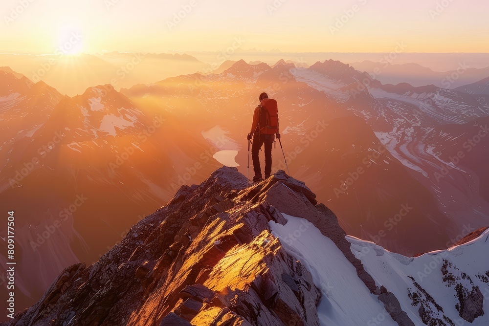 Hiker standing on mountain peak at sunset Hiker standing on mountain peak at sunset