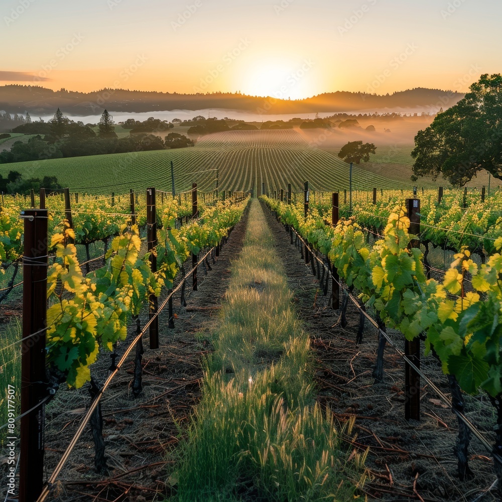 Fototapeta premium Scenic Vineyard Landscape at Sunrise