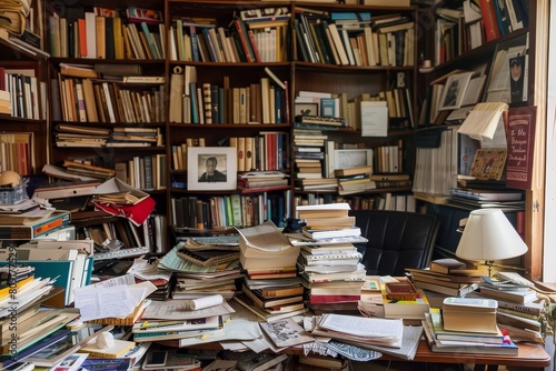 A cluttered room with stacks of books and a lamp on a table, A chaotic home office with piles of books and papers