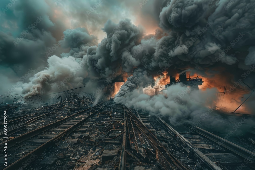Obraz premium Large amount of smoke billowing out of a building, creating a chaotic scene of twisted metal and debris, A chaotic scene of twisted metal and smoke on the railway tracks