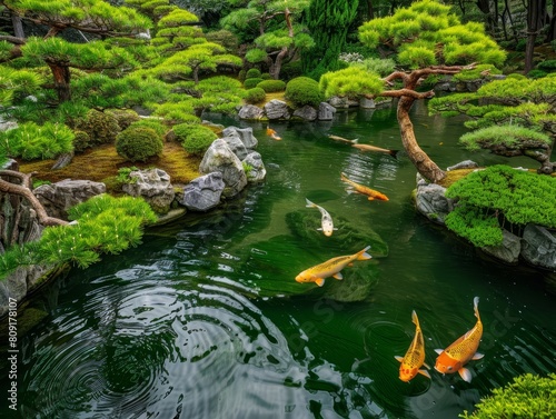 Lush Japanese garden with koi pond