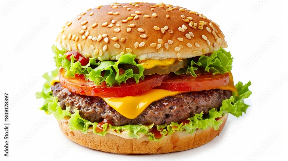 Delicious cheeseburger with lettuce, tomato, and sesame seed bun Delicious cheeseburger with lettuce, tomato, and sesame seed bun