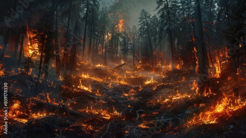 A forest fire burns through the trees, consuming everything in its path. photo