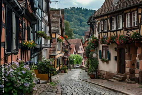Traditional cobblestone street in a European village with old buildings and vintage lanterns  A charming European village with cobblestone streets and historic architecture