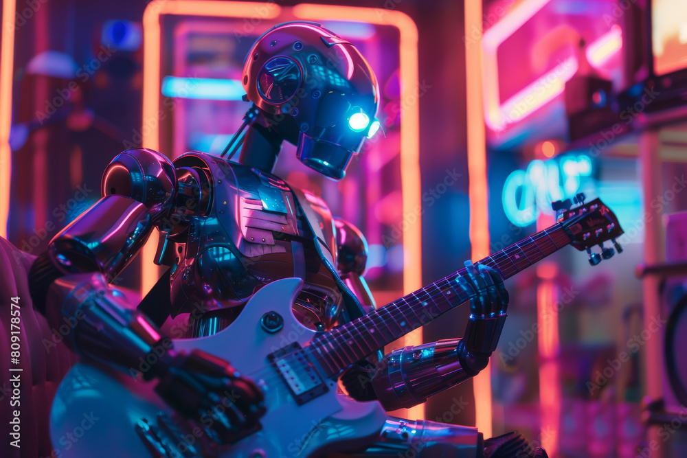 A robot is playing a guitar in front of a neon sign