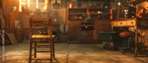 Glow HUD highlights the craftsmanship of a wooden chair, marked by a furniture icon against a blurred carpentry workshop photo