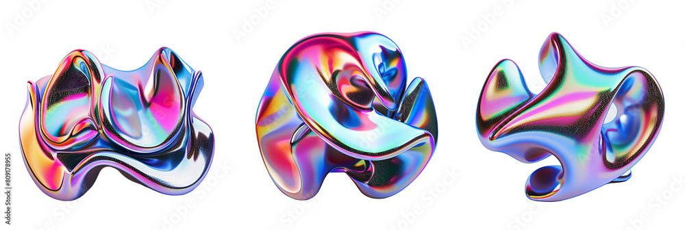 Obraz premium Set of 3d chrome neon fluid form liquid metallic shape, transparent background