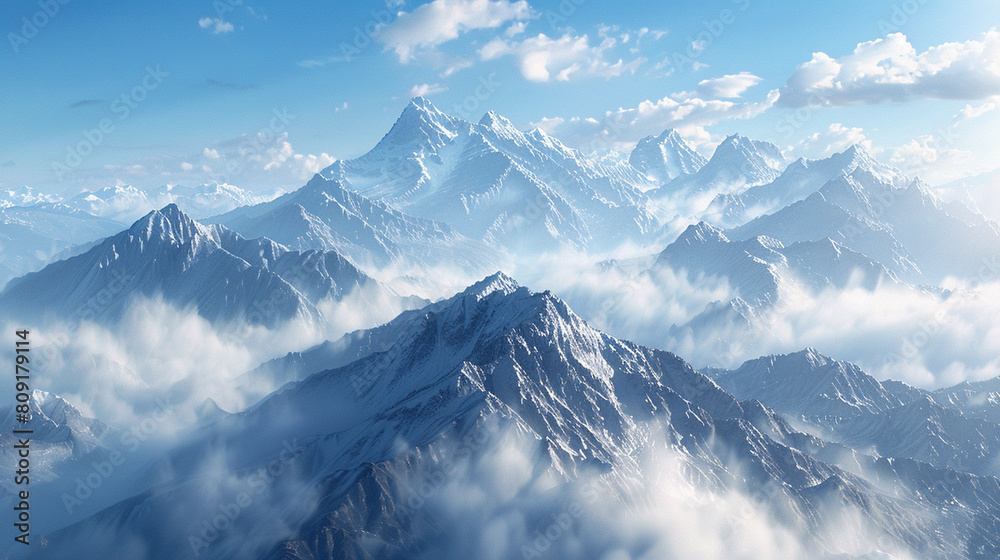 Obraz premium A breathtaking view of towering mountains stretching across the horizon, overlooking a serene valley under the cover of thick clouds
