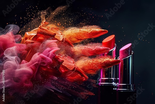 Lipsticks descend in a twisting fiery explosion on a dark black background
