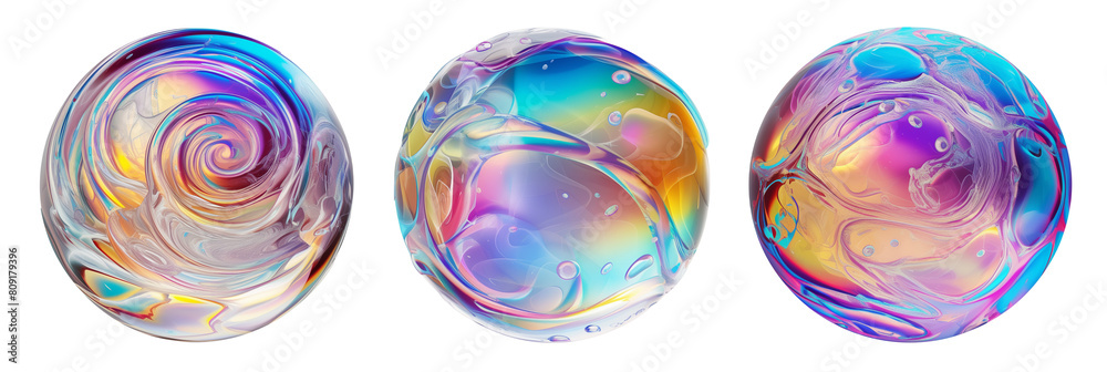 Set of 3D iridescent glass orb shape, swirling interior patterns, isolated on transparent background Set of 3D iridescent glass orb shape, swirling interior patterns, isolated on transparent background
