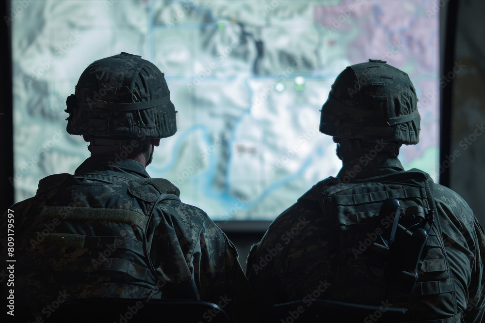 Soldiers reviewing operational maps in military briefing room Soldiers reviewing operational maps in military briefing room