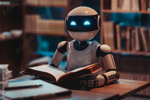 A robot is sitting at a desk, engrossed in reading a book, A chatbot providing personalized study tips and feedback