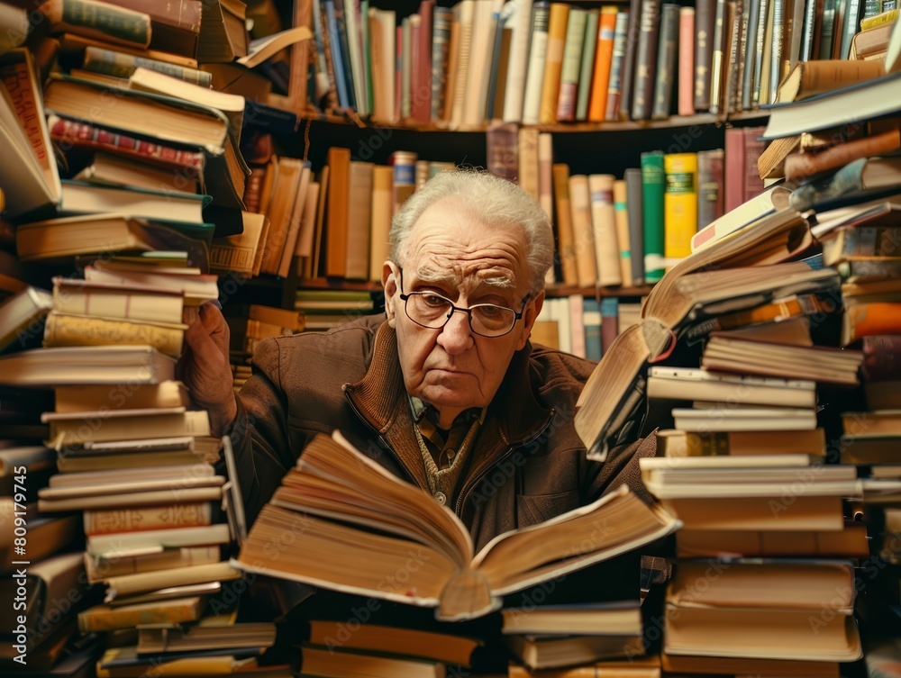 An elderly man is reading a book in a library setting An elderly man is reading a book in a library setting