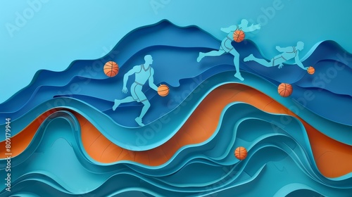 Paper art and craft style of an energetic basketball game, captured in synth wave styles, perfect for sports enthusiasts