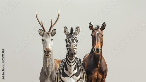 Deer, zebra and horse isolated on white background. Minimal concept. Natural colors. © Tanoma
