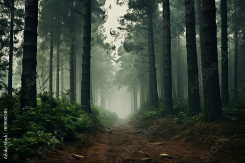 Serene  foggy path winds through a dense forest of towering pine trees