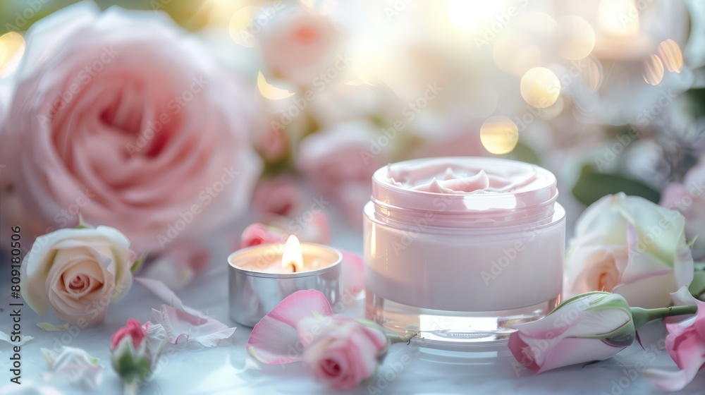 An inviting image of a cream jar with soft roses and a candle on a light, warm backdrop