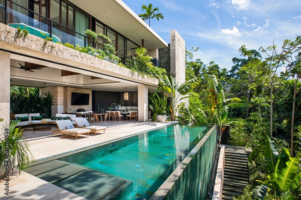 A contemporary house featuring a swimming pool in the front yard, A chic, contemporary residence with a private infinity pool and lush landscaped gardens