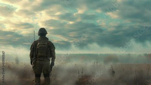 A soldier stands in a field with a cloudy sky above him 4K motion photo
