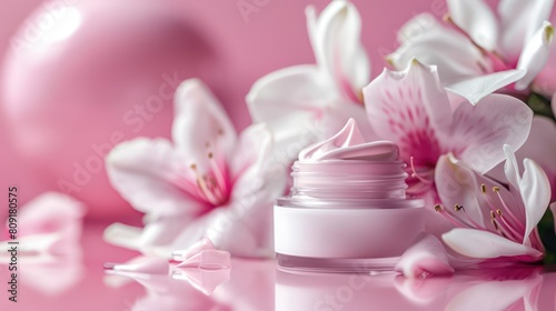 A delicate composition of a light pink skincare cream jar with open pink lilies and scattered petals on a blush background