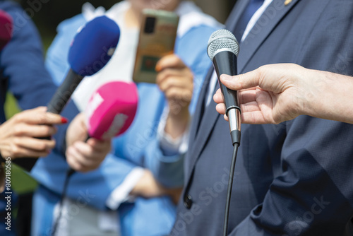 Press conference, news conference or media event. Public relations - PR.