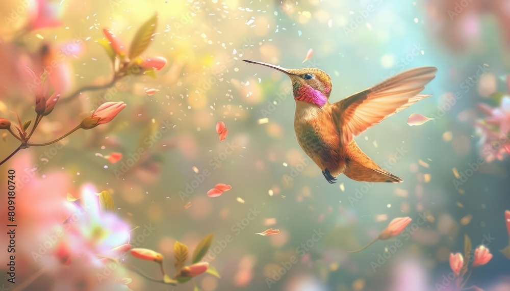Show Glow HUD icon of a hummingbird in flight, capturing the rapid movement and vivid colors with a very blurry backdrop of blooming flowers