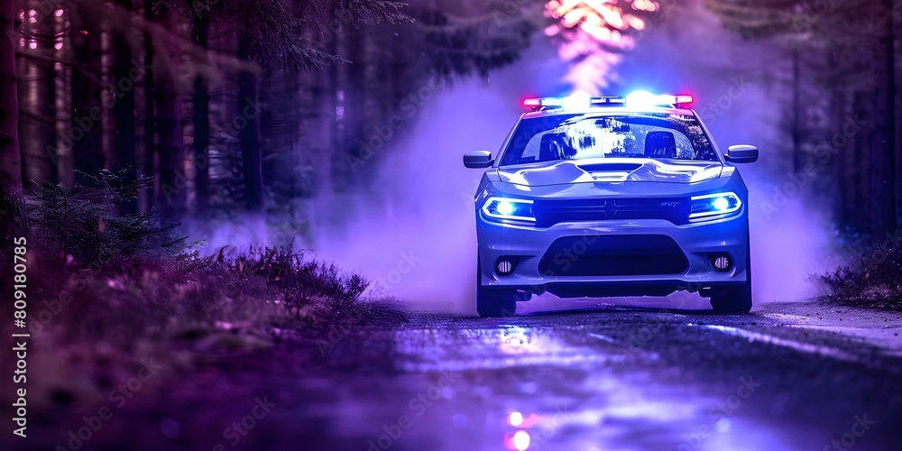 Digital creation of a police car with flashing blue lights responding to an emergency. Concept Emergency Response, Police Car, Blue Lights, Digital Art, Graphic Design