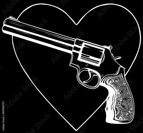 white silhouette of classic gold revolver vector illustration on black background