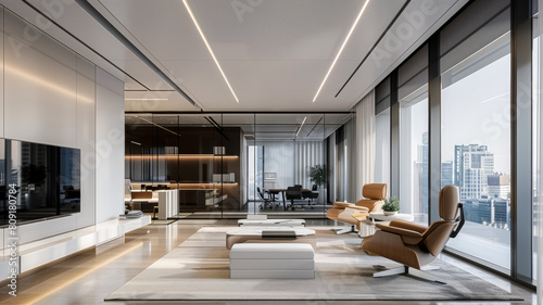 Office space design  modern minimalist style. Plenty of space and requires a high-end feel and wide viewing angles. Large areas of the ceiling and walls are white