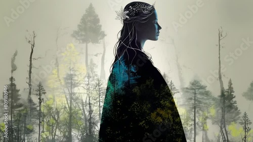 Female silhouette in a medieval dress against the background of a spring forest. Symbol of the soul of nature. Environment protection concept. photo