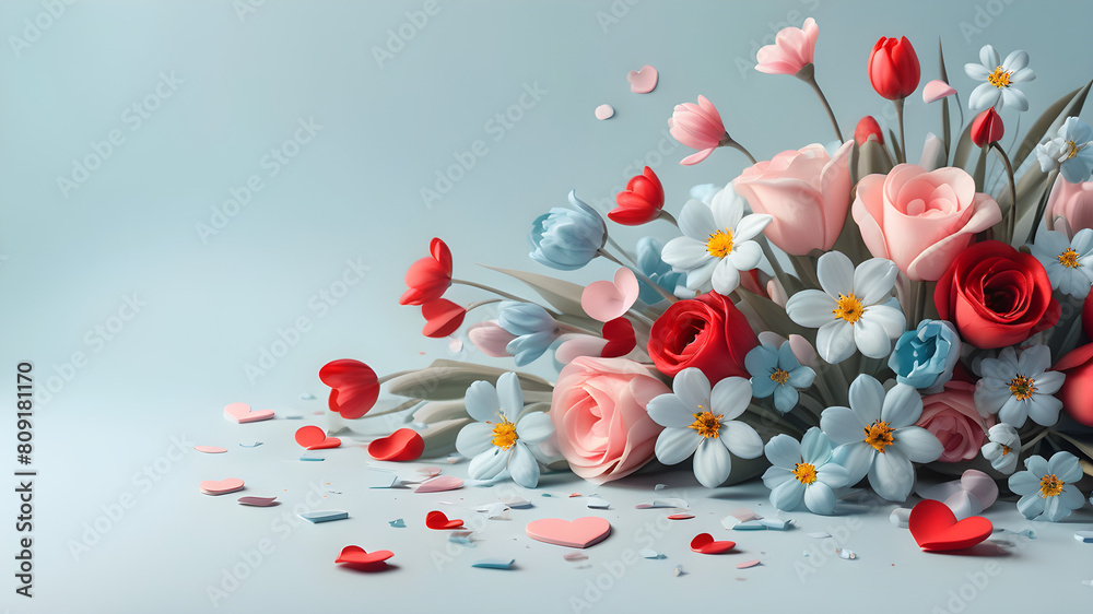 Pastel blue illustration with spring flowers, abstract background with copy space Pastel blue illustration with spring flowers, abstract background with copy space