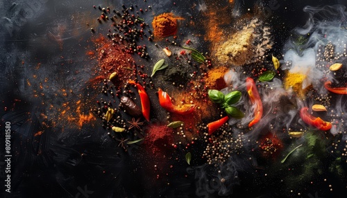 Witness a burst of flavors with the gourmet selections turning into an explosion scattering flavors across a dark canvas photo