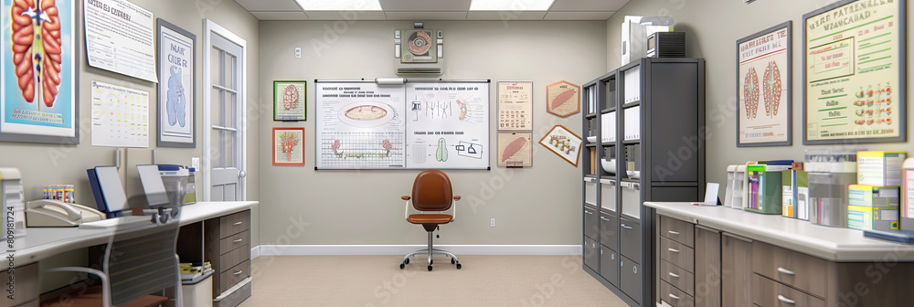Speech Therapist's Office Wall: Displaying speech therapy charts, diagrams of the vocal tract, and a whiteboard with speech exercises Speech Therapist's Office Wall: Displaying speech therapy charts, diagrams of the vocal tract, and a whiteboard with speech exercises