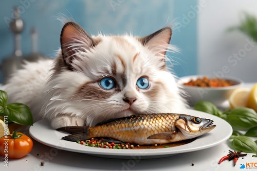 cute Ragdoll kitten looking at fried fish in a plate, isolated on a white background © Peredniankina
