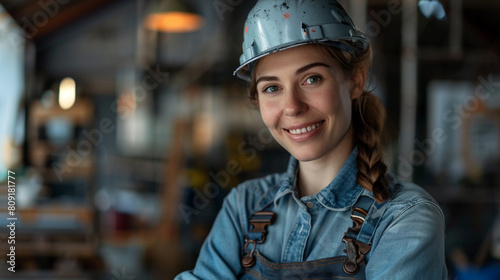 Beautiful young woman in uniform, builder, professional in her field.