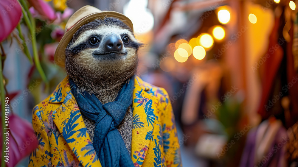 A sloth wearing a yellow jacket