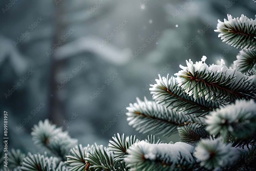 An abstract winter backdrop featuring snow-covered fir tree branches, with ample space for copy
